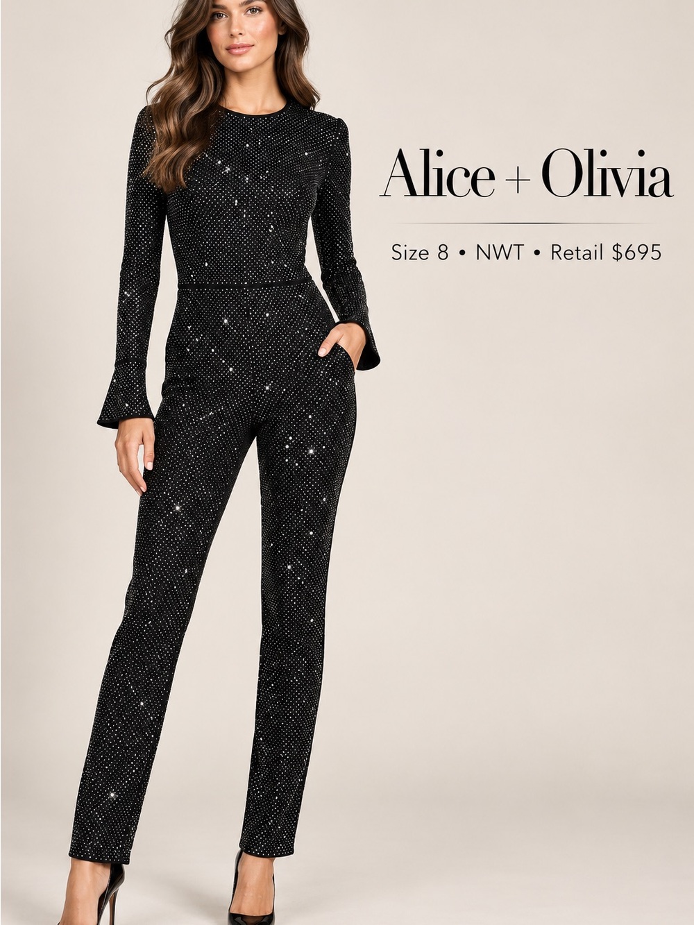Alice + Olivia Black Crystal-Embellished Long-Sleeve Jumpsuit retails $695